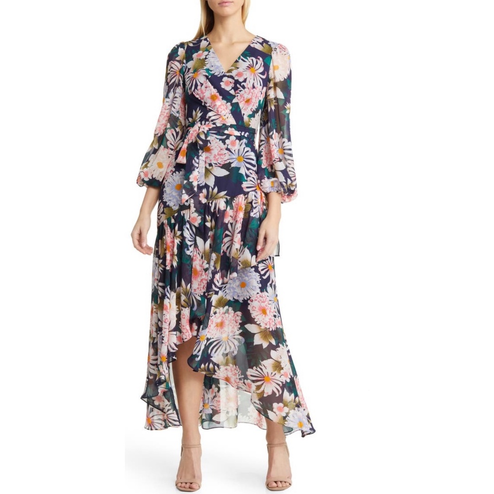 NEW Eliza J Floral Print Long Sleeve High Low Faux Wrap Dress Size 6 - Picture 2 of 11